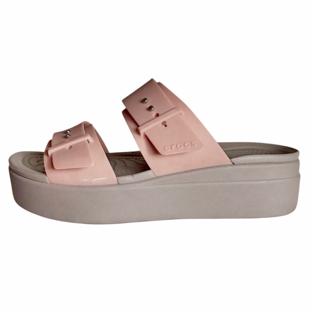 CROCS Brooklyn Pink‎ and Tan Slide Wedge Sandals Sz 9